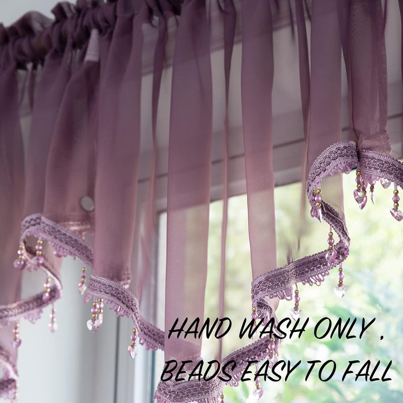 PearAge Beaded Sheer Valance Curtains for Living Room,Rod Pocket Farmhouse Window Valance, Bead Trim Tassel Voile Sheer Curtain Valance for Bedroom Bathroom Cafe 51x24 Inches (Dark Purple) 1PC - Image 5